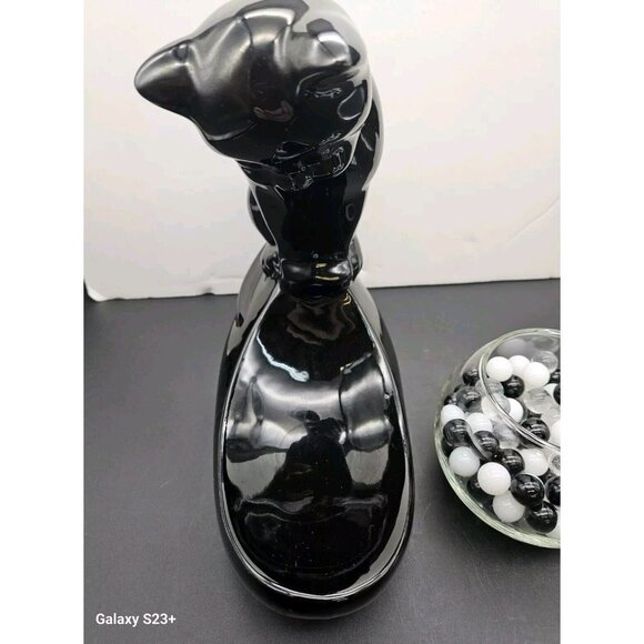 Vintage Haeger Black Ceramic Cat With Glass Fish Bowl With Marbles - Picture 6 of 11